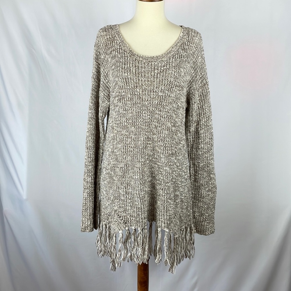 Windsor Oatmeal Knit Long Sleeve Sweater with Fringe Trim - Size Small